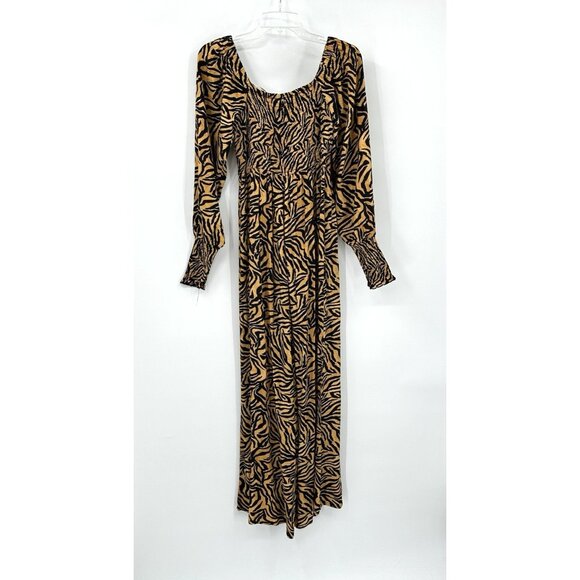 KACHEL BY ANTHROPOLOGIE tiger jumpsuit smocked wide leg long sleeve brown 6 - Picture 7 of 9